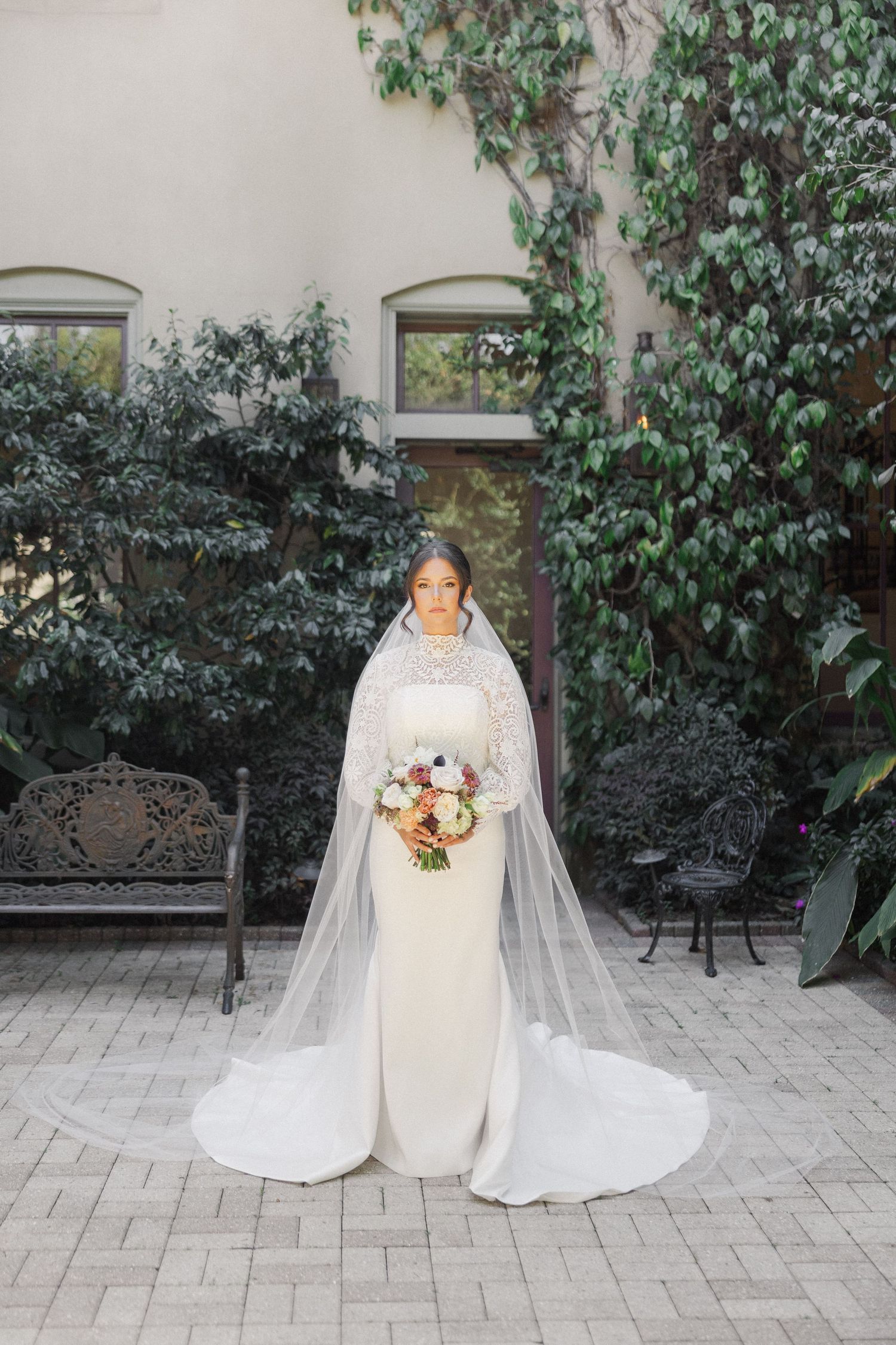Wedding photography sequence showing bride in classic white gown with cathedral veil on stone patio.