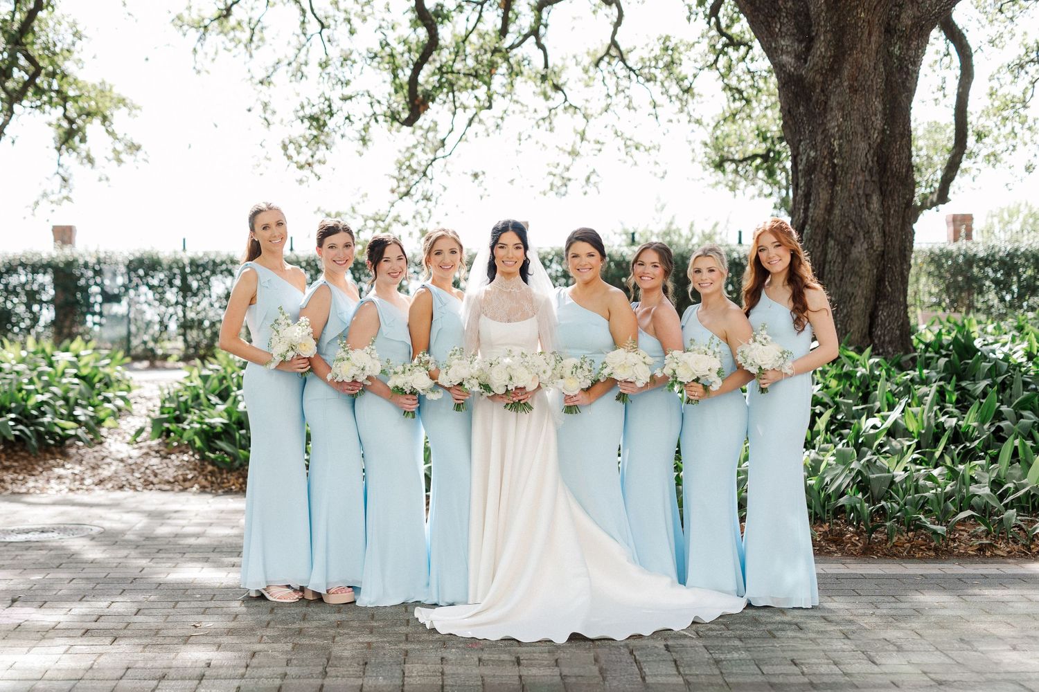 Bride with bridesmaids in light blue dresses holding white bouquets posing under large oak tree.
