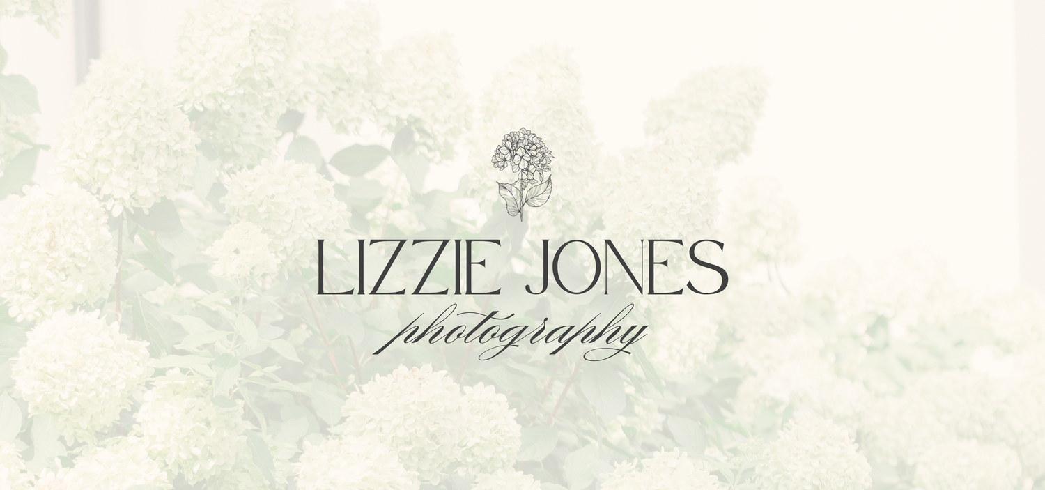 Lizzie Jones Photography logo with elegant script font on a soft white floral hydrangea background.