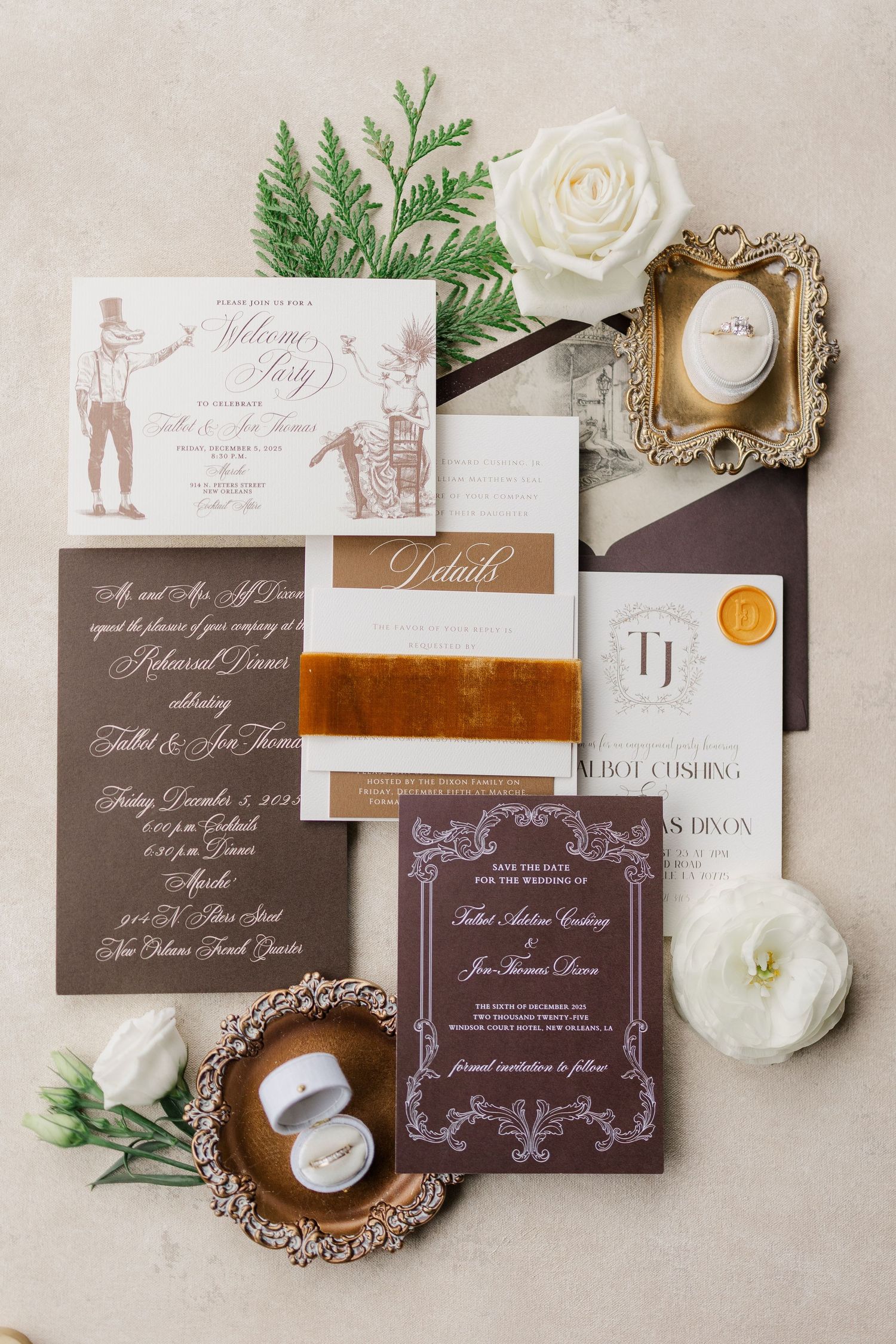 Elegant wedding stationery suite in brown and white with floral accents and vintage-inspired design elements.