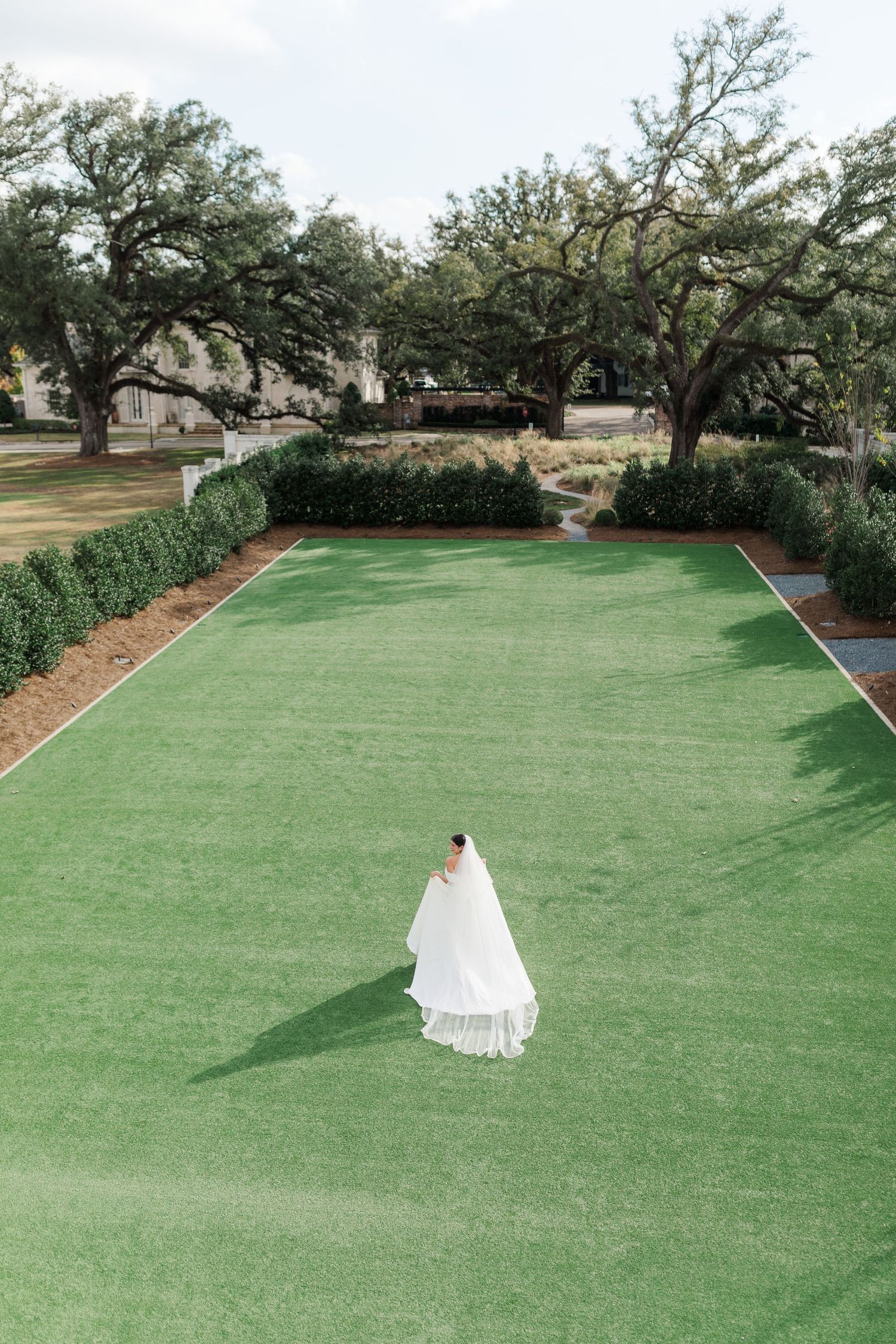A figure in a flowing white wedding dress stands alone on a manicured green lawn surrounded by large oak trees.