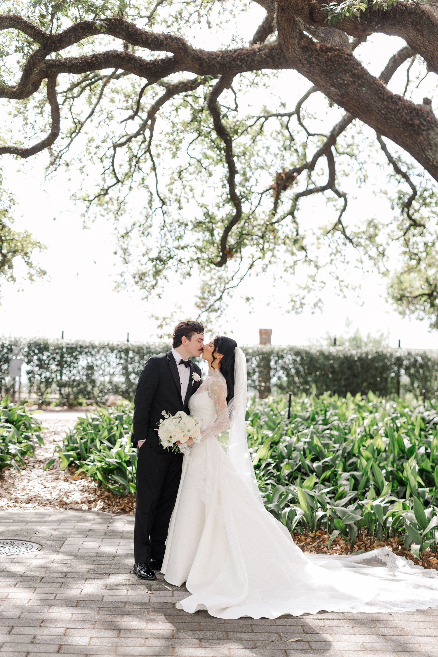 Bride and groom share a romantic kiss under a sprawling oak tree in a lush garden setting.