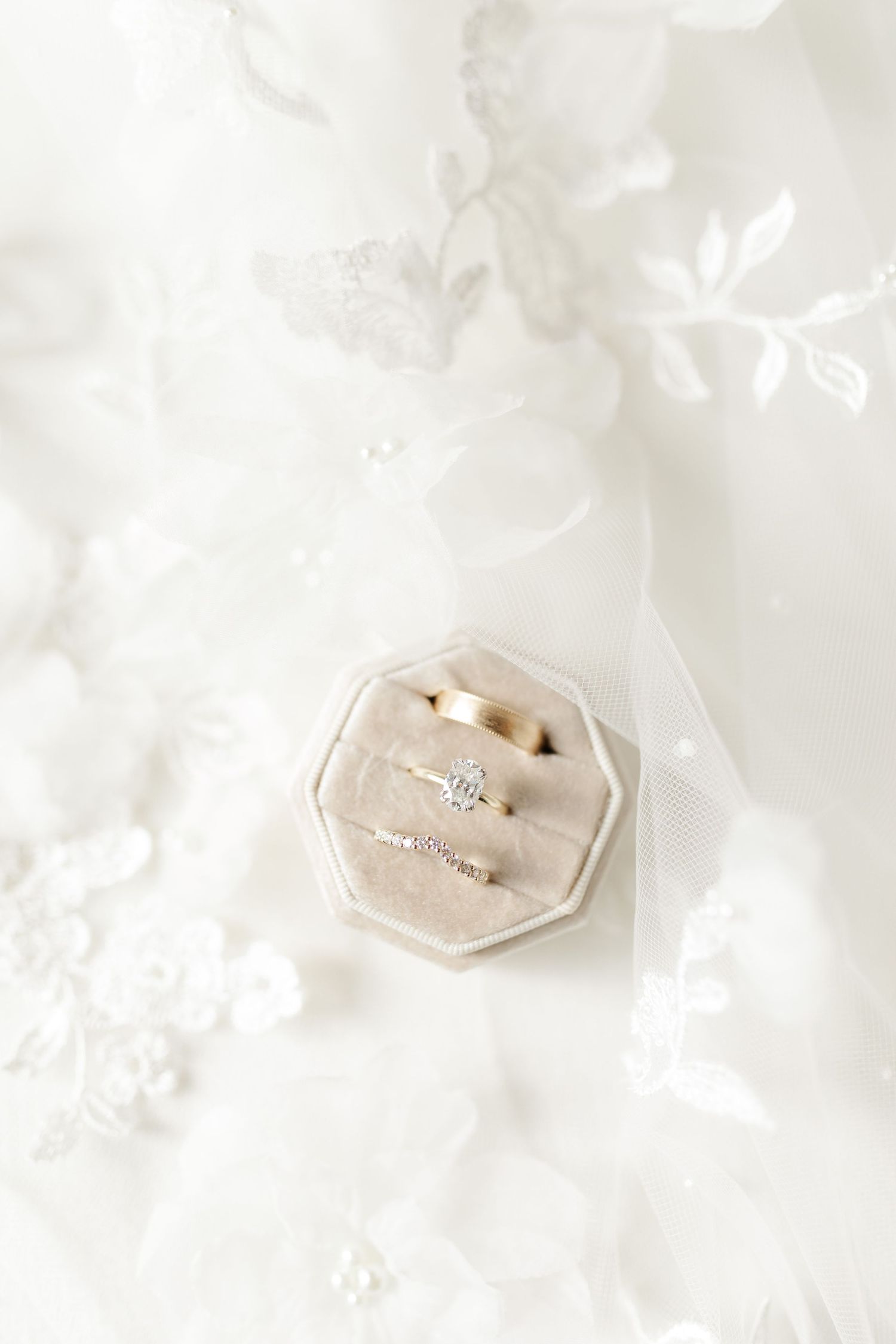 Engagement ring nestled in velvet ring box with delicate white floral backdrop.