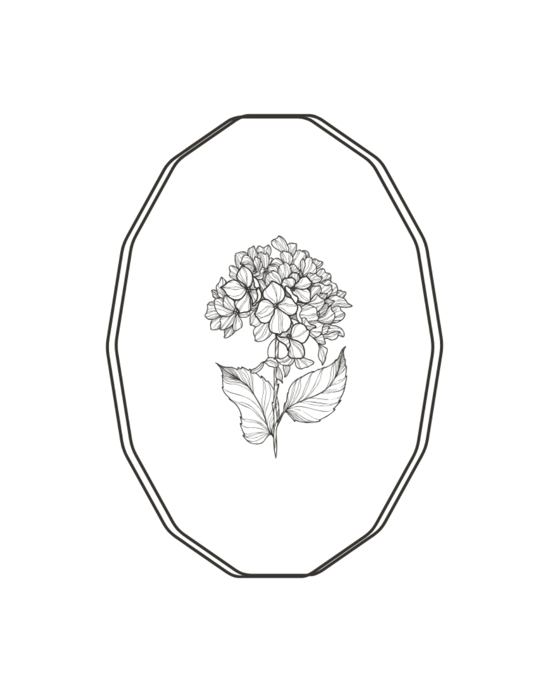 Black and white line drawing of a hydrangea flower inside a geometric oval frame tattoo design.