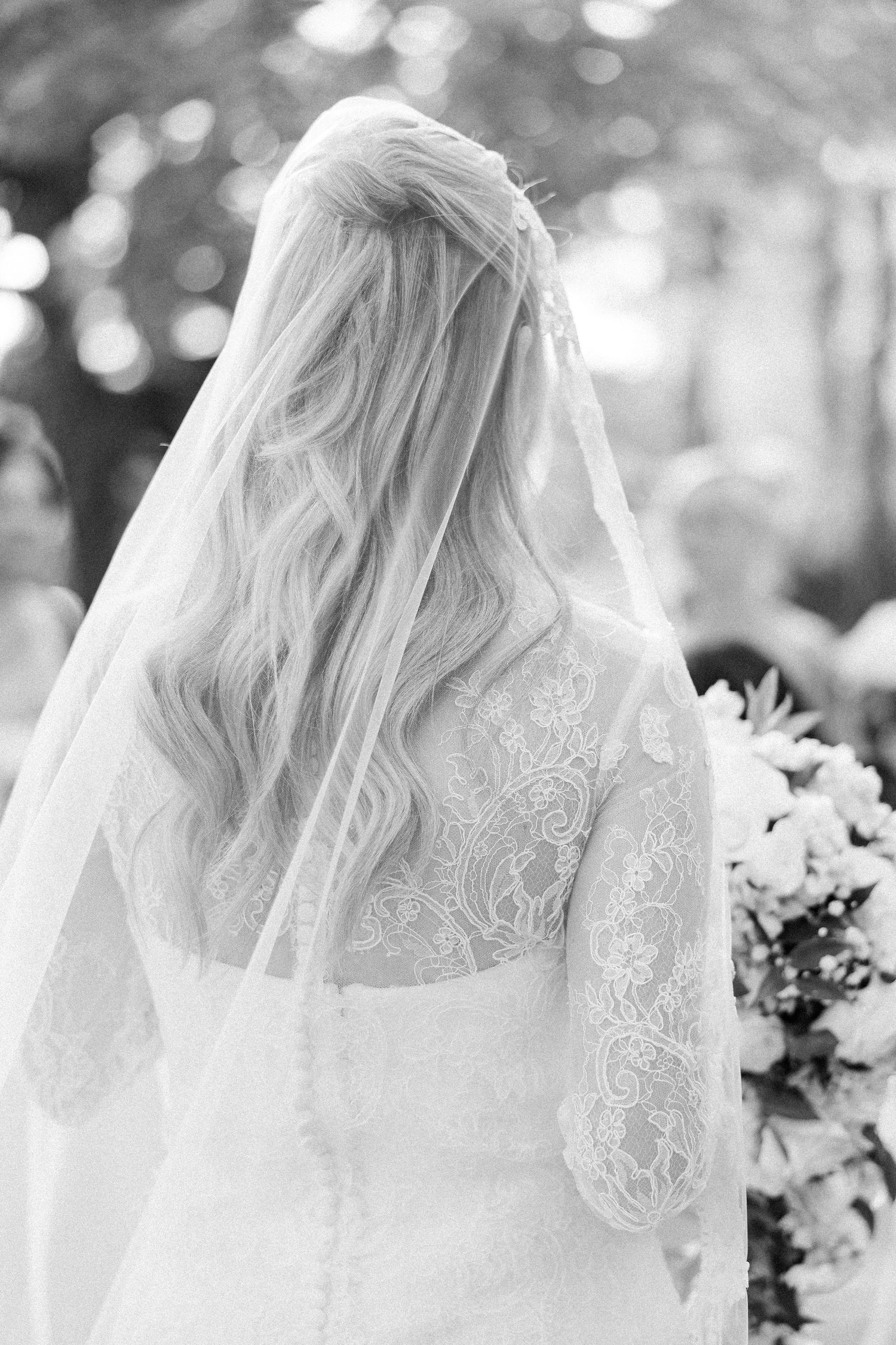 Back view of intricate lace wedding dress and veil with soft bokeh background.