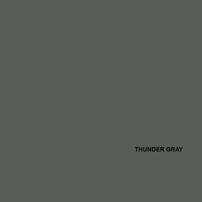 A solid thunder gray colored square background with black text displaying 