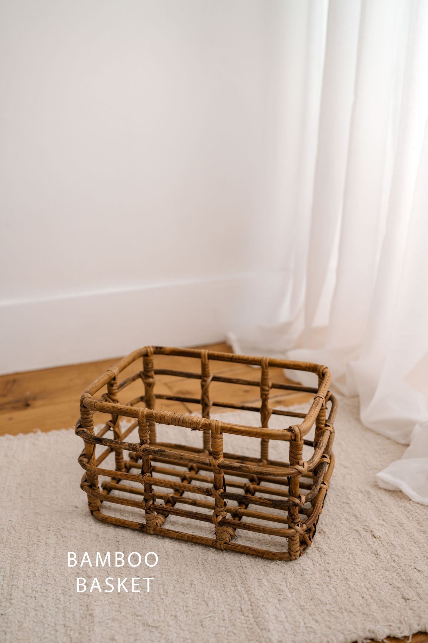Handcrafted bamboo basket photographed from multiple angles on beige carpet with white curtains in background.