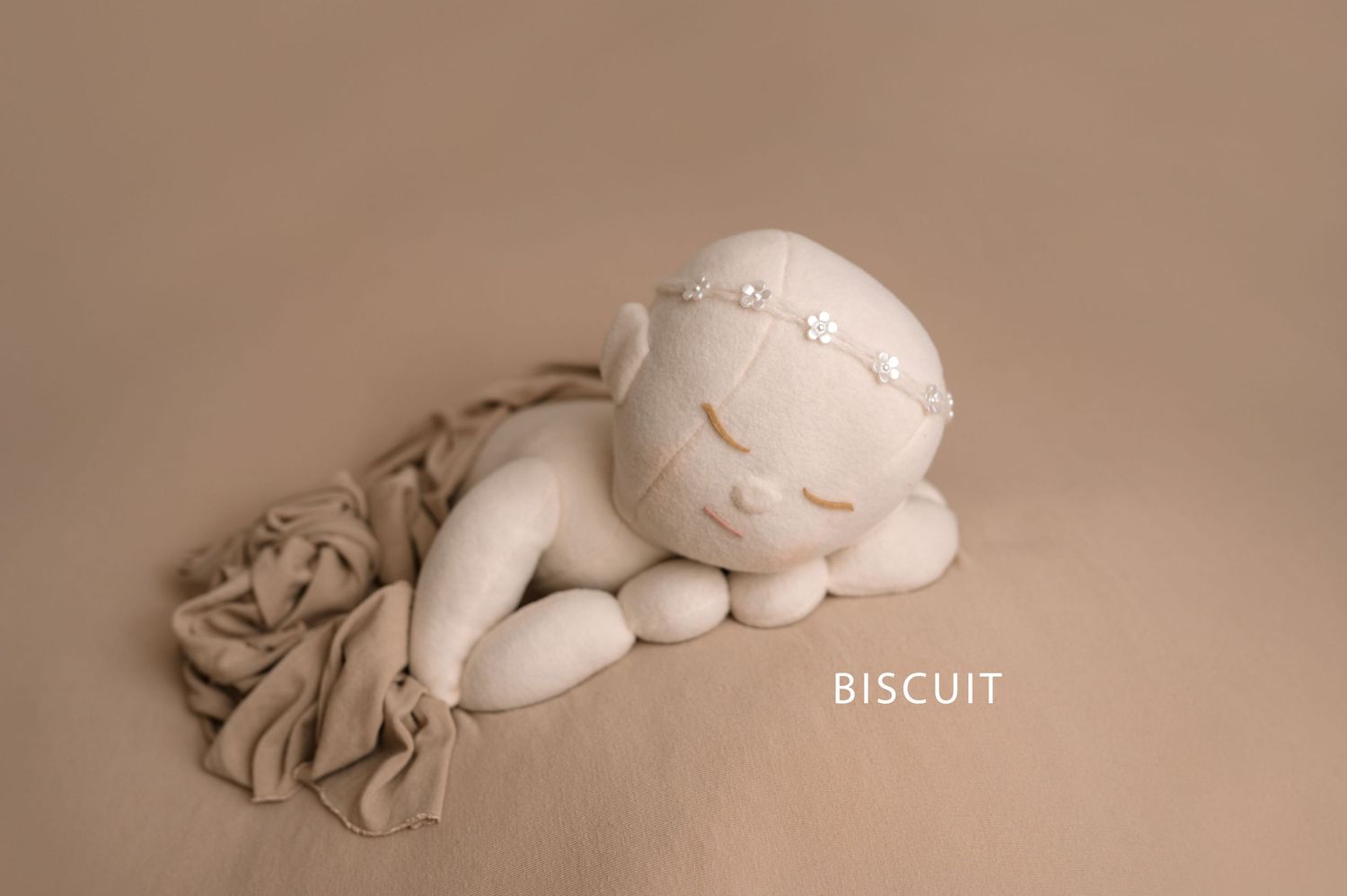 White ceramic biscuit-shaped sculptures arranged in a row against a neutral beige background.