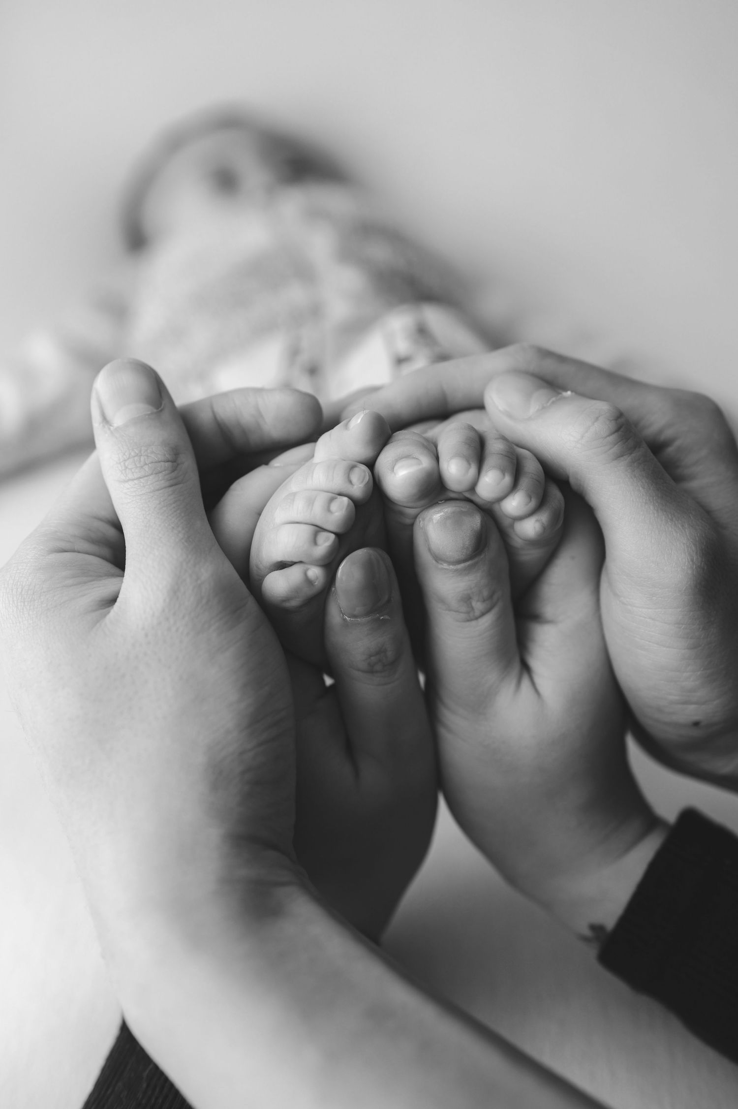 A series of tender black and white macro photographs showing tiny baby feet lined up in a row.