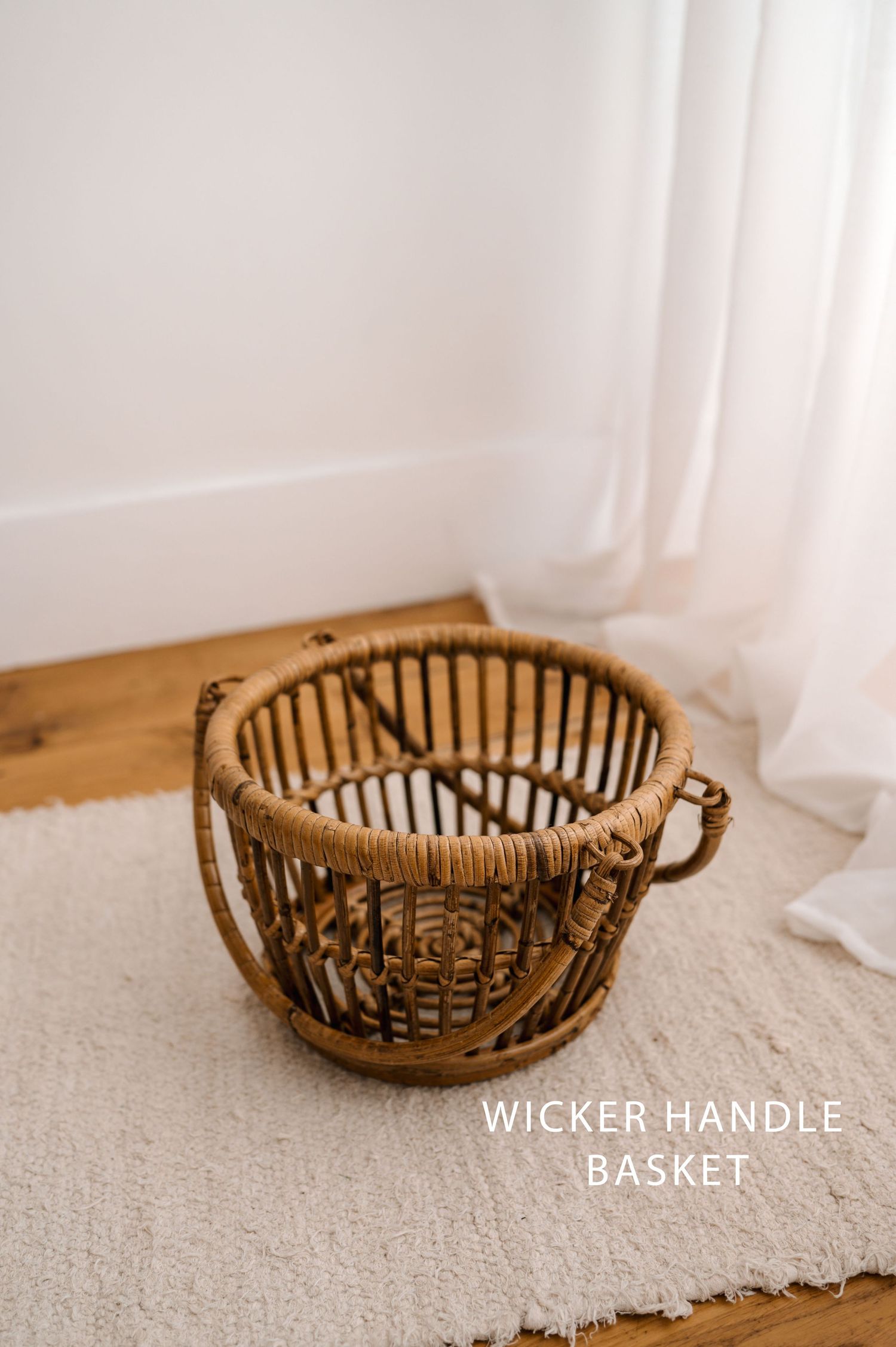 Four sequential photos showing a vintage wicker basket handle on a beige carpet against a white curtain background.