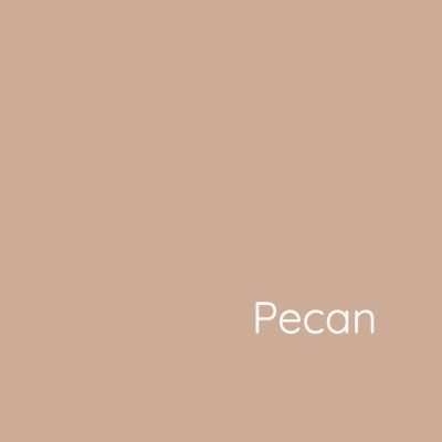 Solid beige rectangle with white text reading 'Pecan' in modern font against muted tan background.
