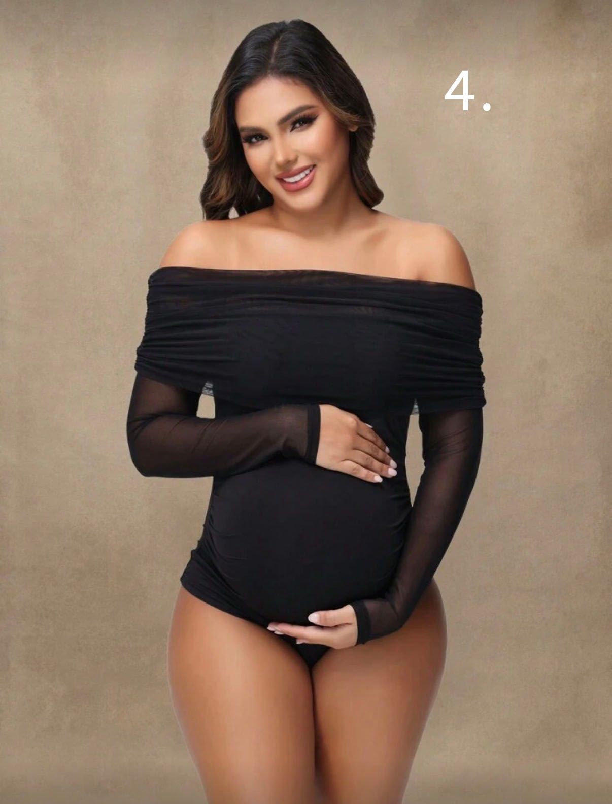 A woman in a black off-shoulder bodysuit poses confidently against a neutral backdrop in a series of glamour photos.