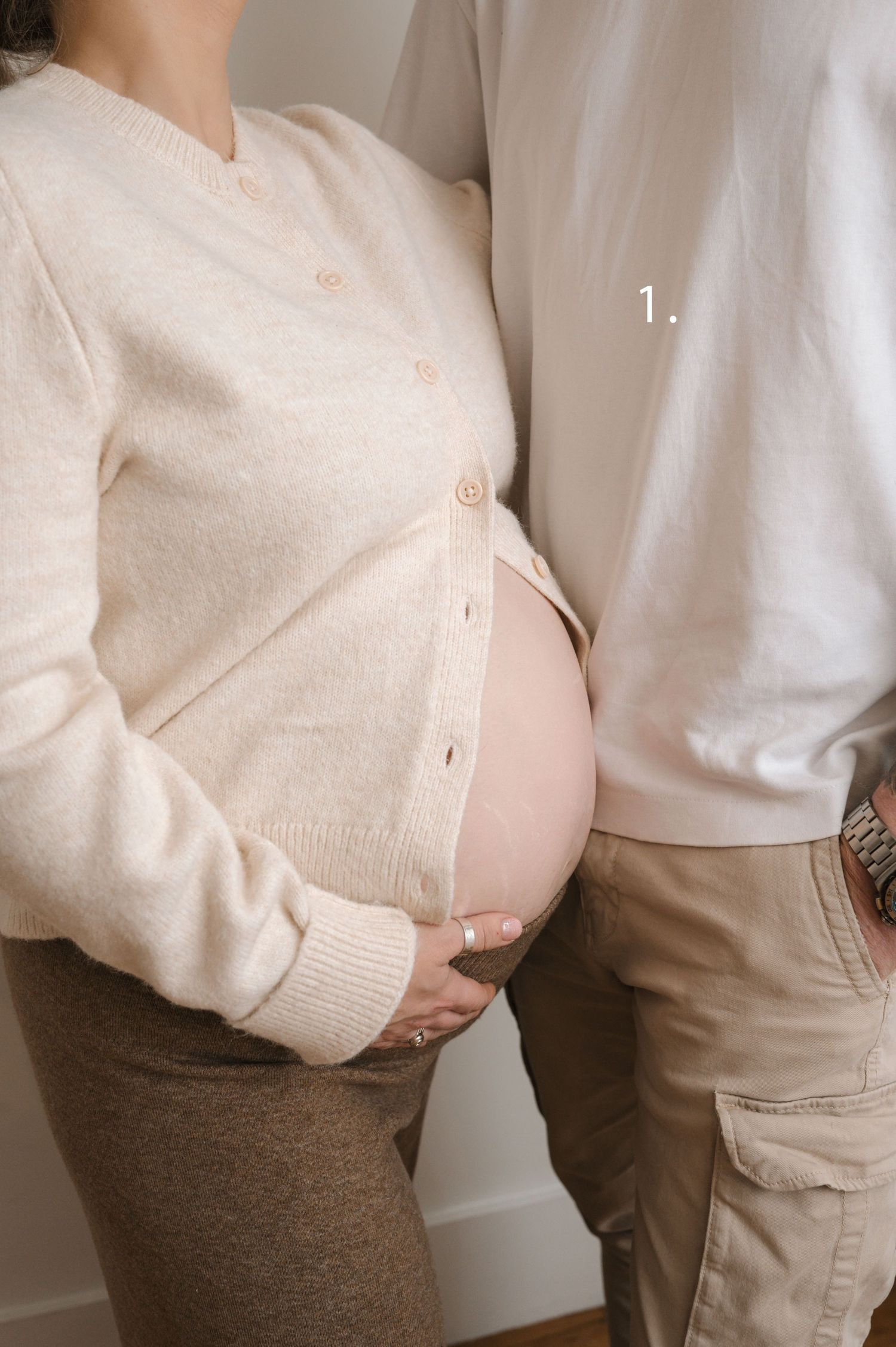 A series of cropped photos showing a person wearing a cream cardigan and brown pants in various poses.