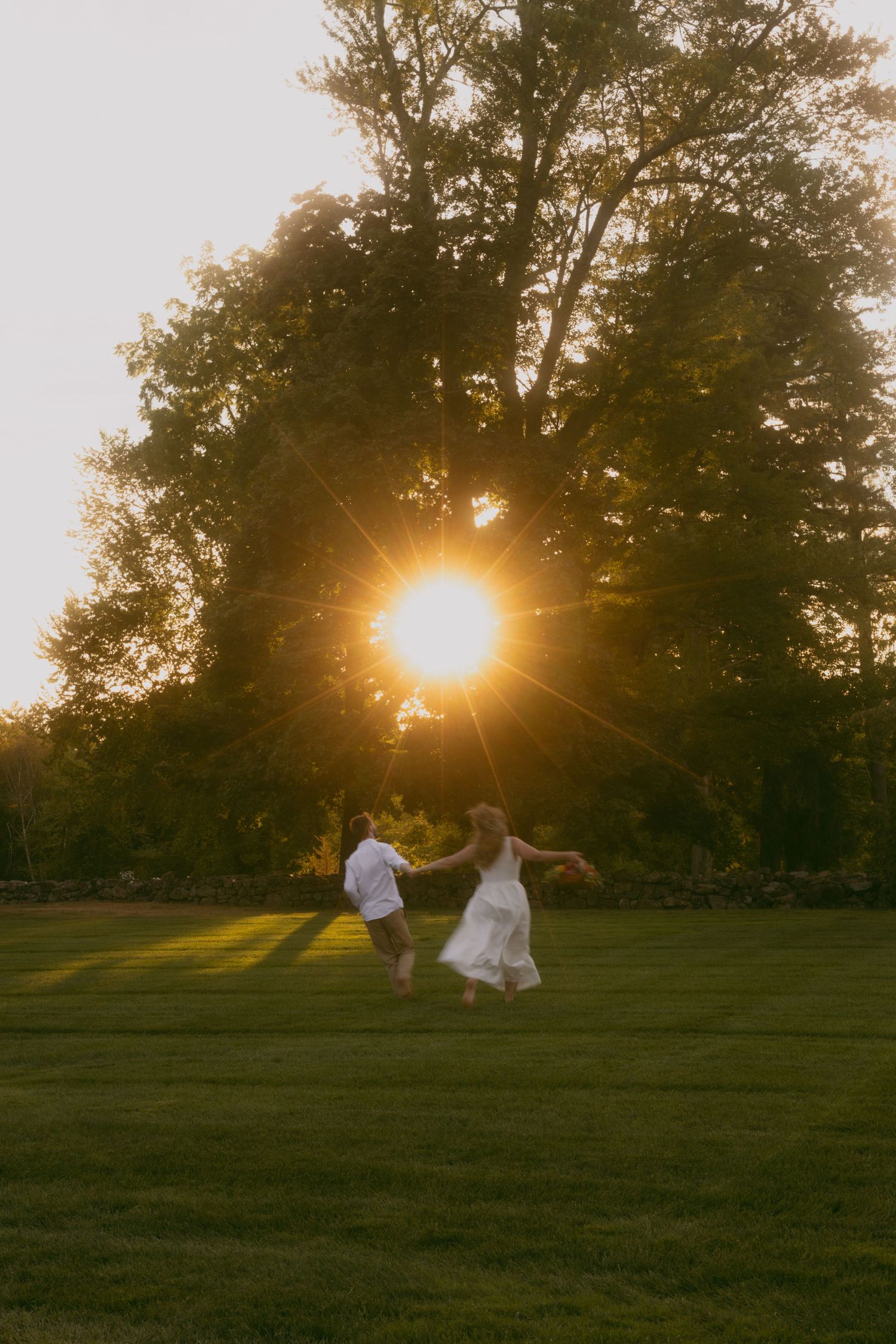 Two figures dance together in a grassy field at sunset while golden sunbeams stream through the trees.