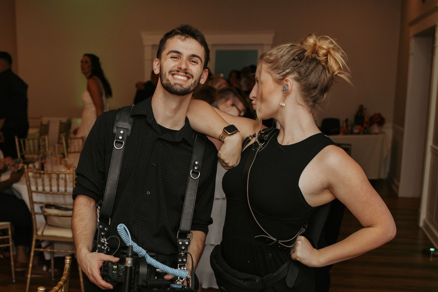 Six candid party photos show dancing couples at an intimate indoor gathering with warm lighting and festive atmosphere.