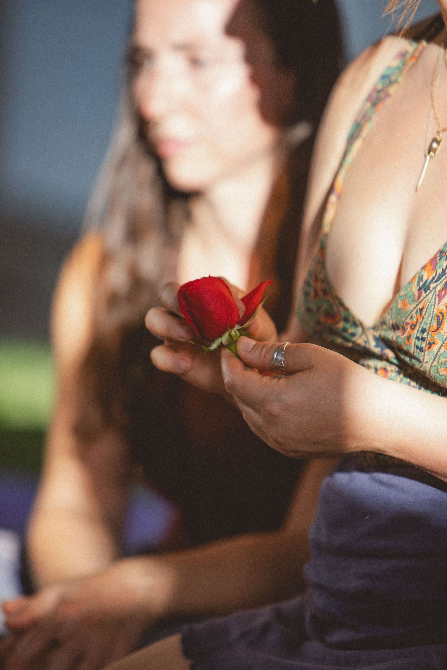 Woman's hands hold and examine a small red rosebud in a series of connected candid shots.