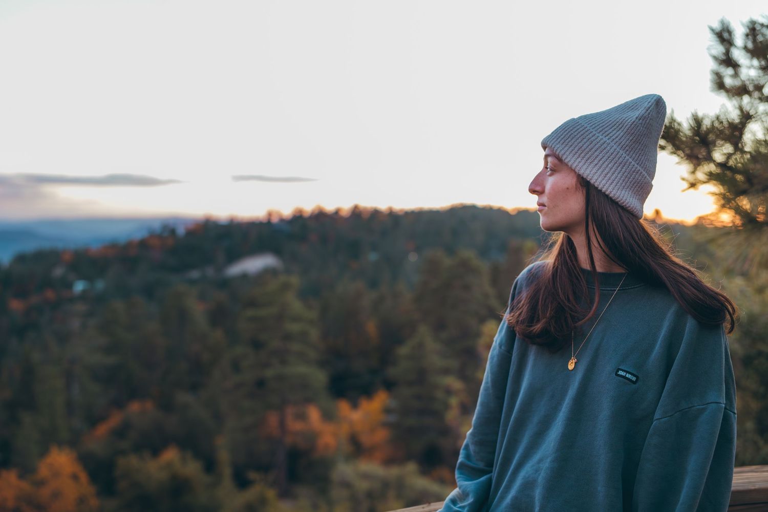Winter portrait at sunset overlooking mountain vista wearing beanie and teal sweatshirt.