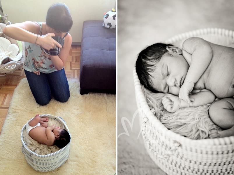 Side by side images showing photographer capturing newborn baby in basket.