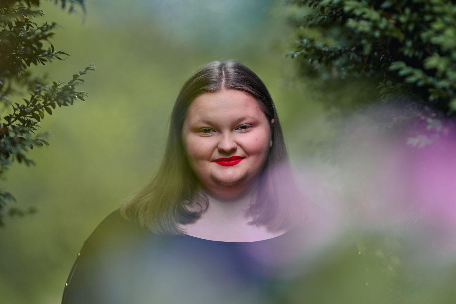A series of profile portraits showing changing expressions against a blurred green outdoor background.
