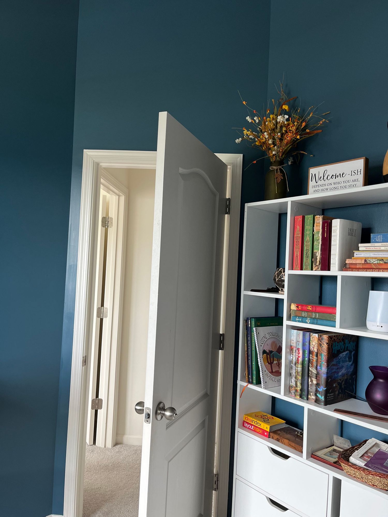 White bookshelf with colorful books and decor against teal blue wall next to open white door in cozy room.