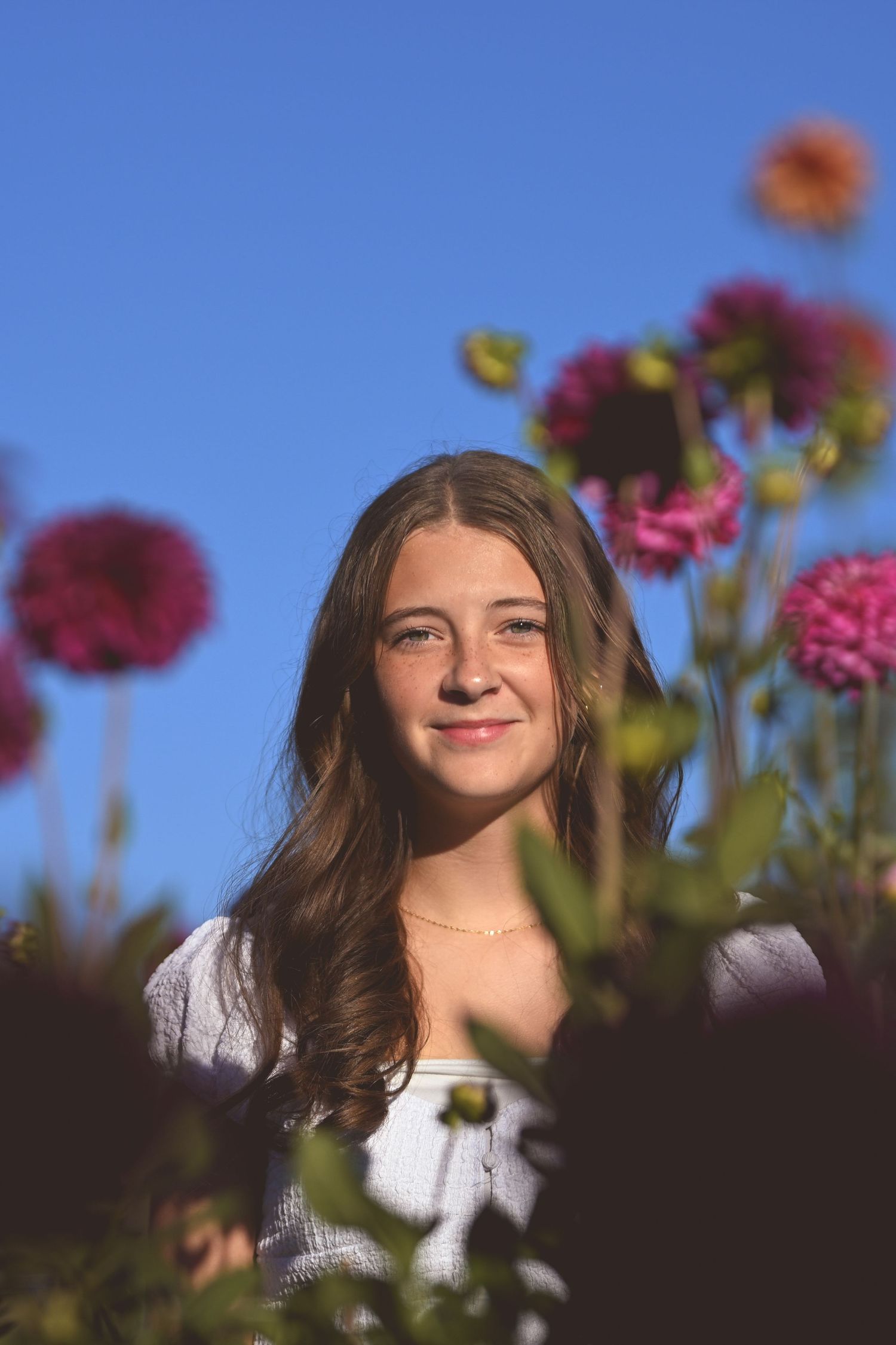 A portrait in a garden with pink zinnias and dahlias blooming against a bright blue sky.