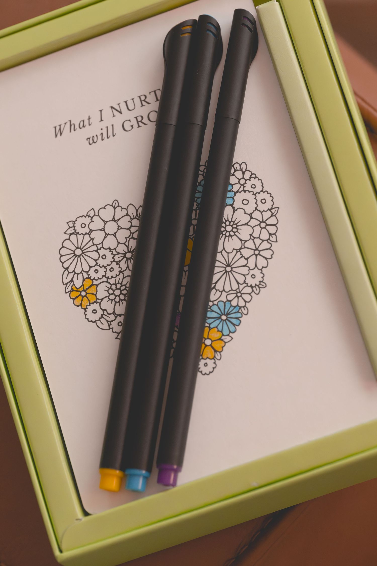 Three black markers with colorful tips rest on a floral heart coloring book in a green gift box.