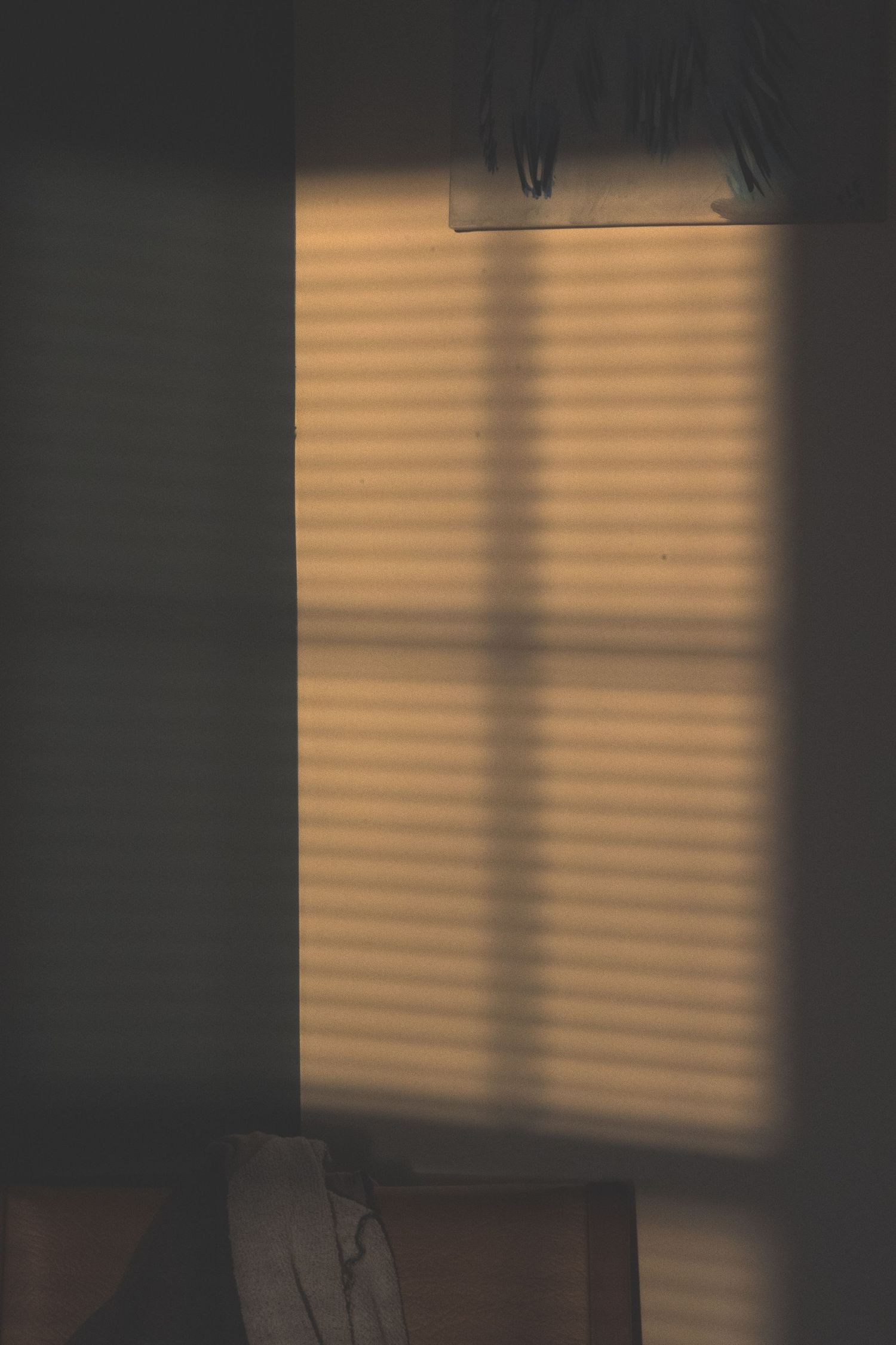 Warm golden sunlight casts window blind shadows on a beige wall, creating a serene striped pattern in a dimly lit room.