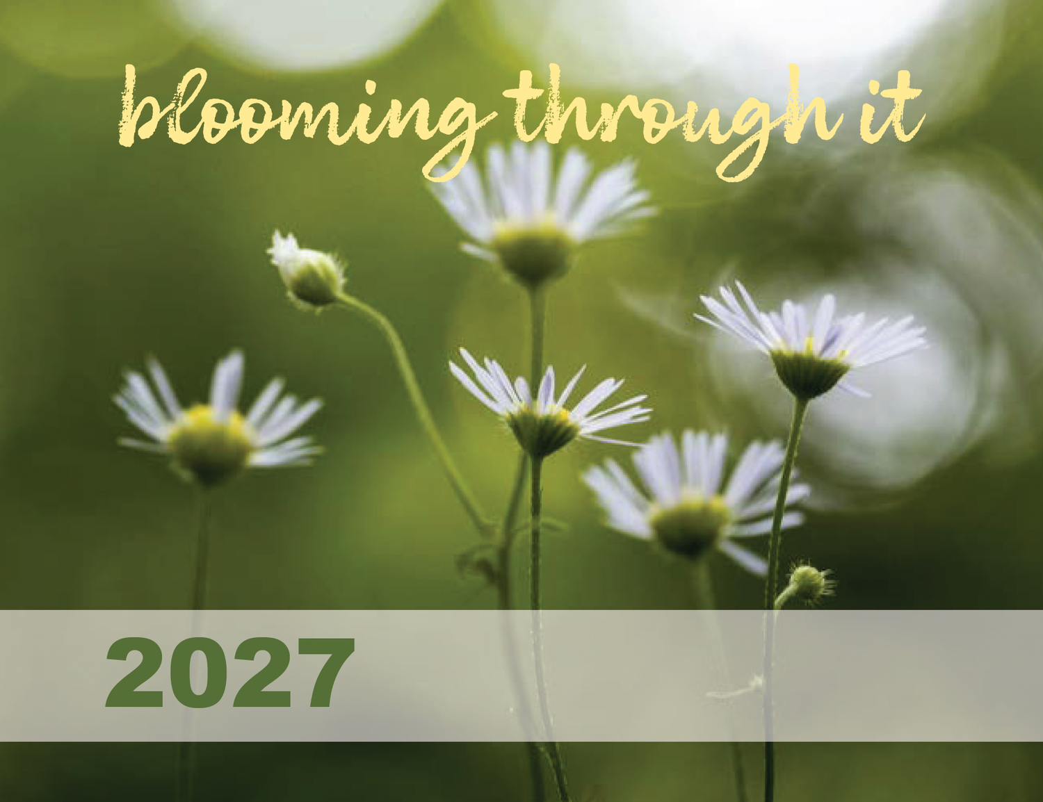 2027 'Blooming Through It' calendar cover featuring white daisies with yellow centers against a soft green bokeh background.