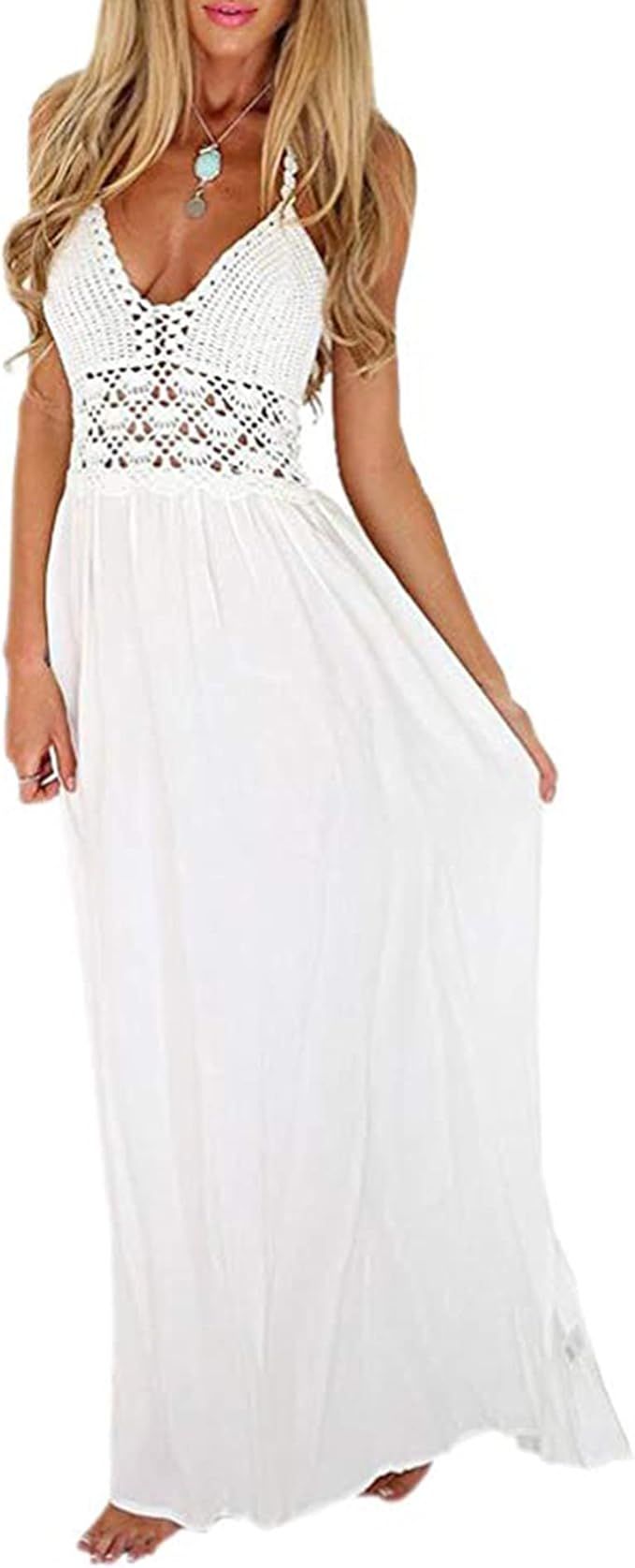 White sleeveless summer dress with crochet lace detail at bodice shown from different angles against white background.