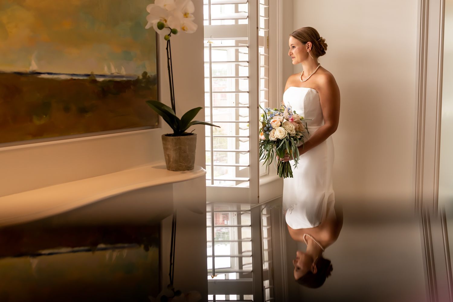 A sequence of romantic wedding photos showing tender moments against shutter windows in golden light.