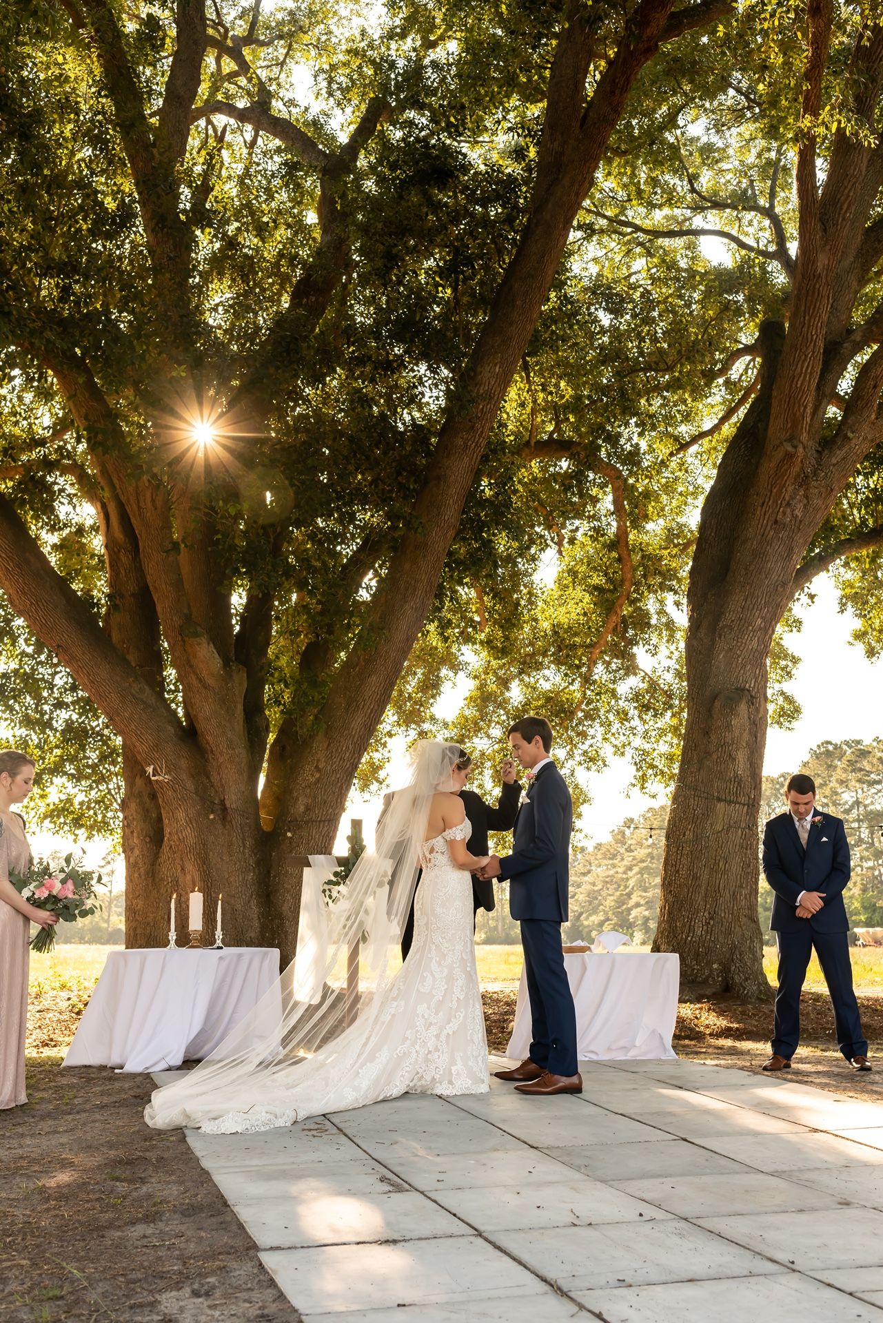 A wedding ceremony takes place under majestic oak trees, with sunlight streaming through branches at golden hour.