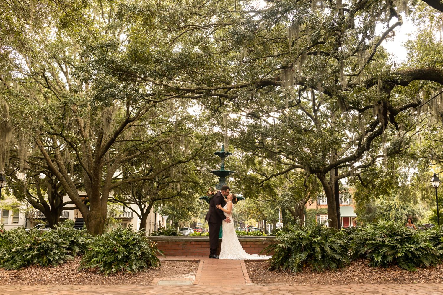 Trees with spanish moss create a romantic canopy over a garden pathway in Savannah, Georgia.