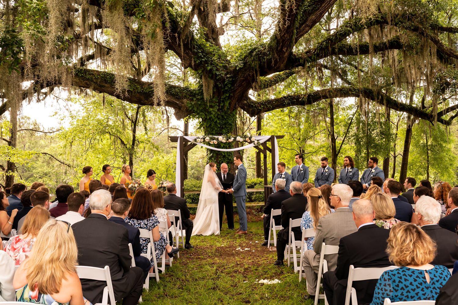 Outdoor wedding ceremony under a majestic oak tree draped with Spanish moss in a natural garden setting.