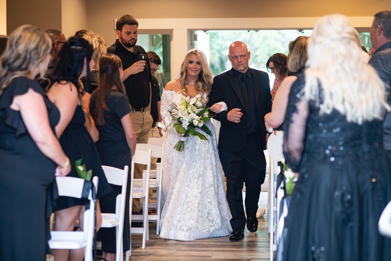 A series of candid wedding reception moments showing guests dancing and celebrating at an indoor venue.