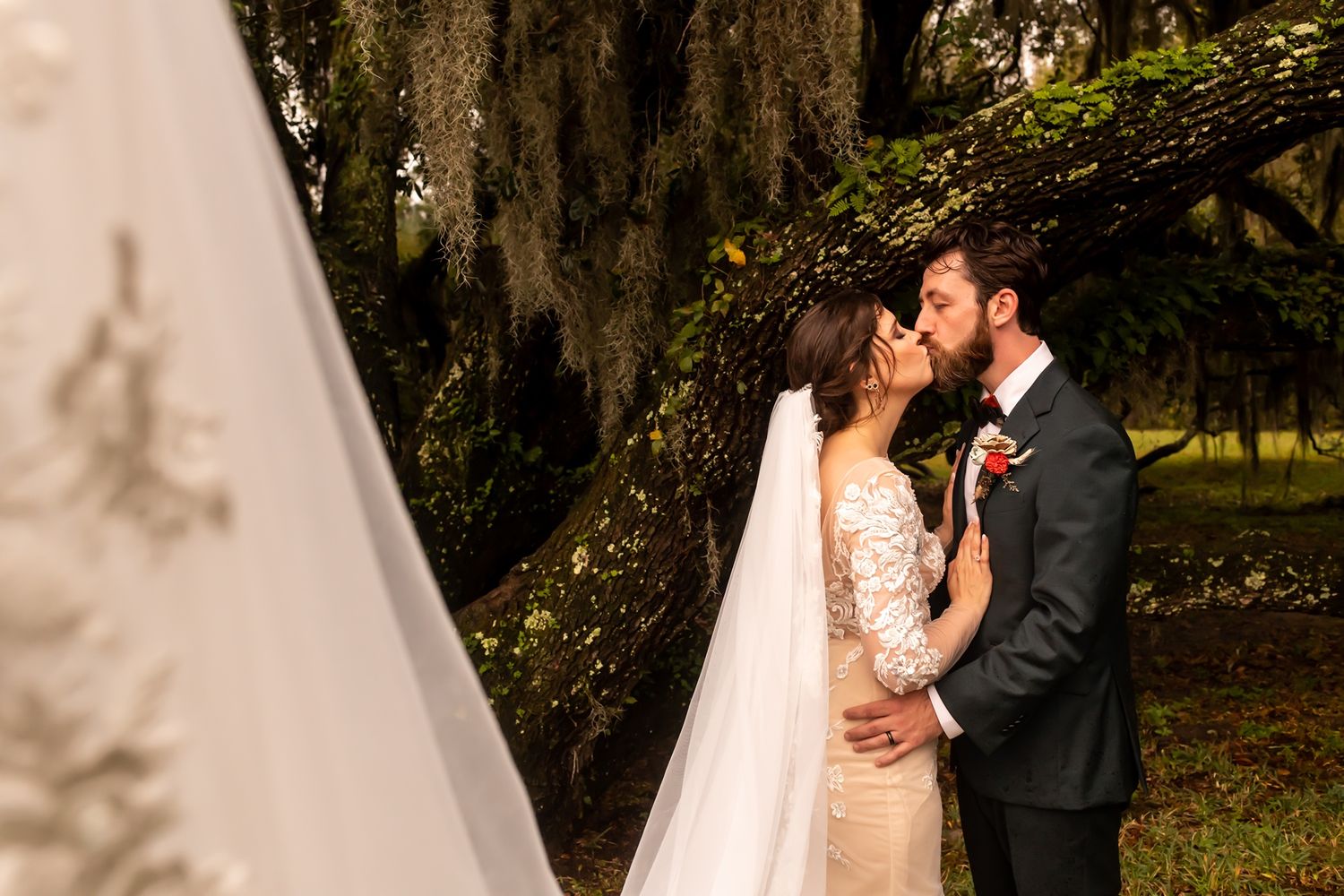A bride and groom share a romantic kiss under Spanish moss draped oak trees in a dreamy outdoor garden setting.