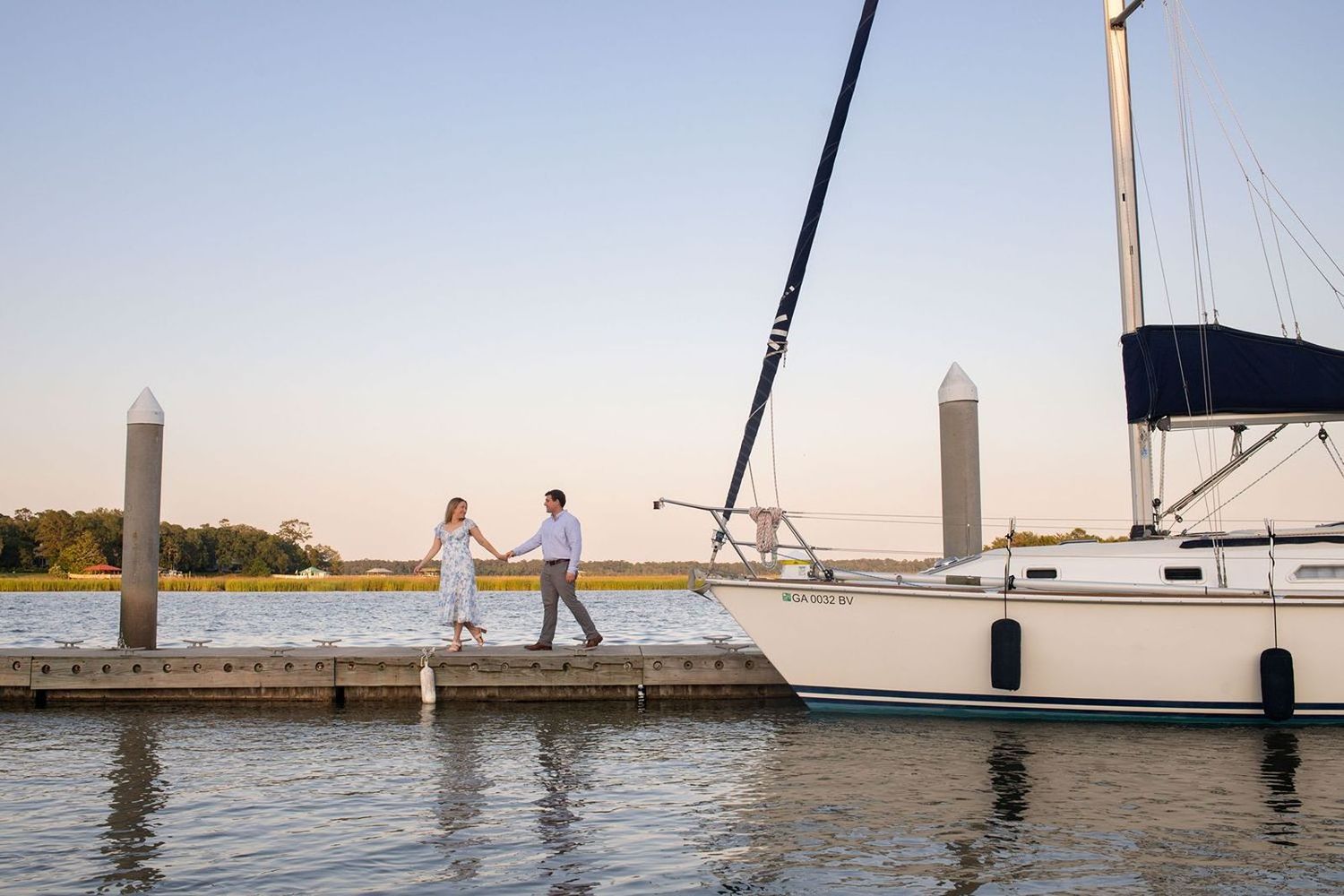 Couple portrait photography at sunset on Savannah dock