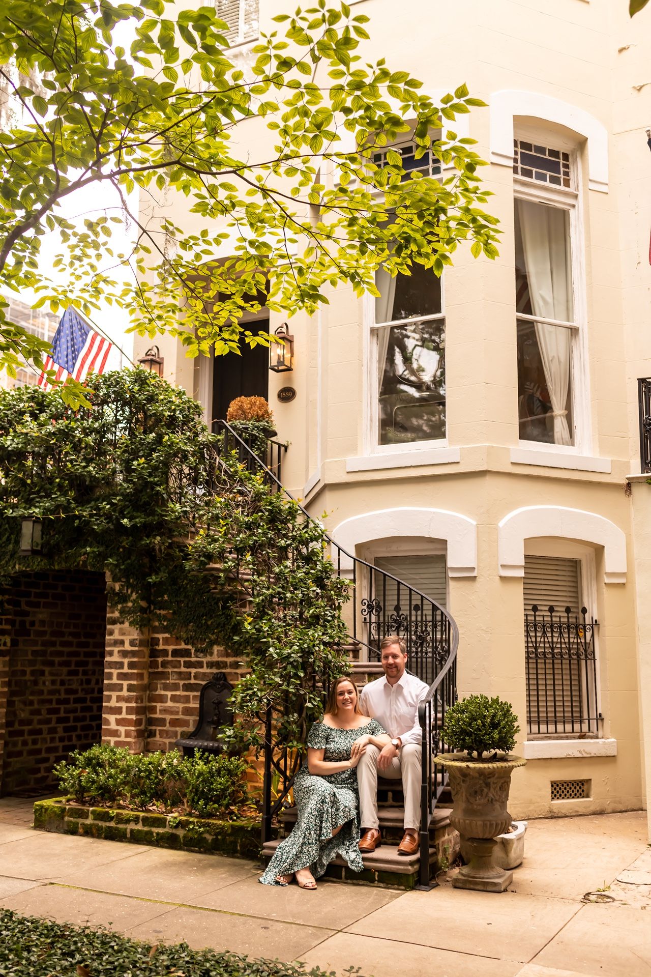 Three connected images show someone being playfully spooked outside a historic brick townhouse with white trim and green foliage.