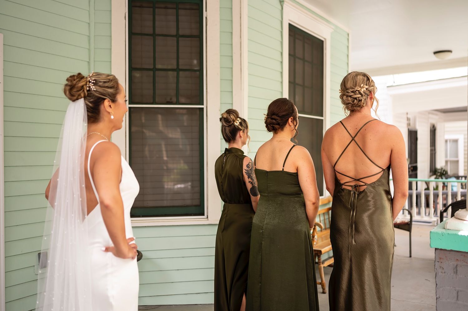Collage of guests wearing formal attire gathering outside a mint green wedding venue entrance.