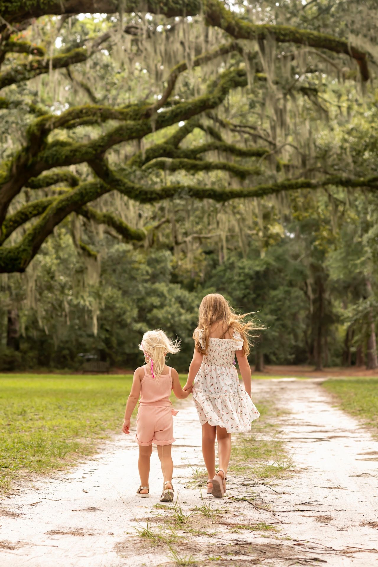 Two children walk hand in hand down a path beneath Spanish moss draped oak trees on a sunny day.