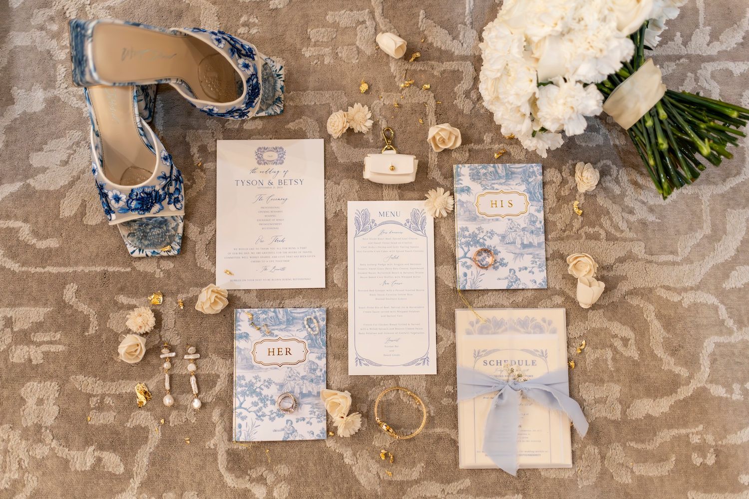 Wedding invitation suite for The Mackey House wedding with blue watercolor & floral designs