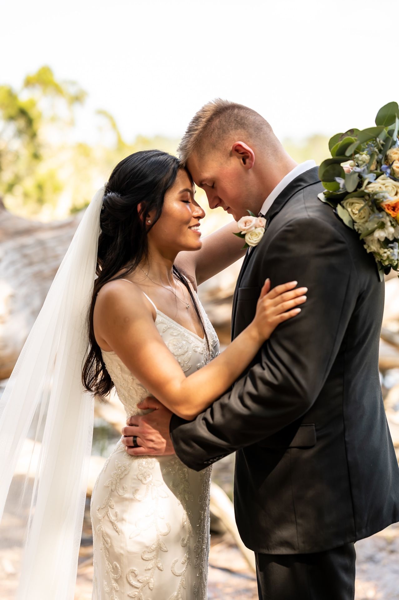 A romantic wedding photography sequence shows a couple sharing intimate moments in white dress and black suit.