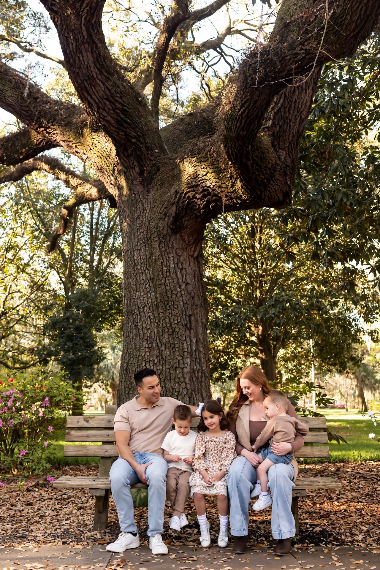 A family sitting together on a park bench under a majestic old oak tree during autumn.