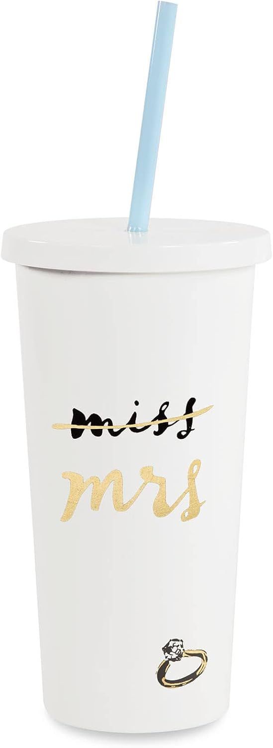 White tumbler cup with 'Mrs' in gold lettering and decorative diamond ring design, featuring a light blue straw.
