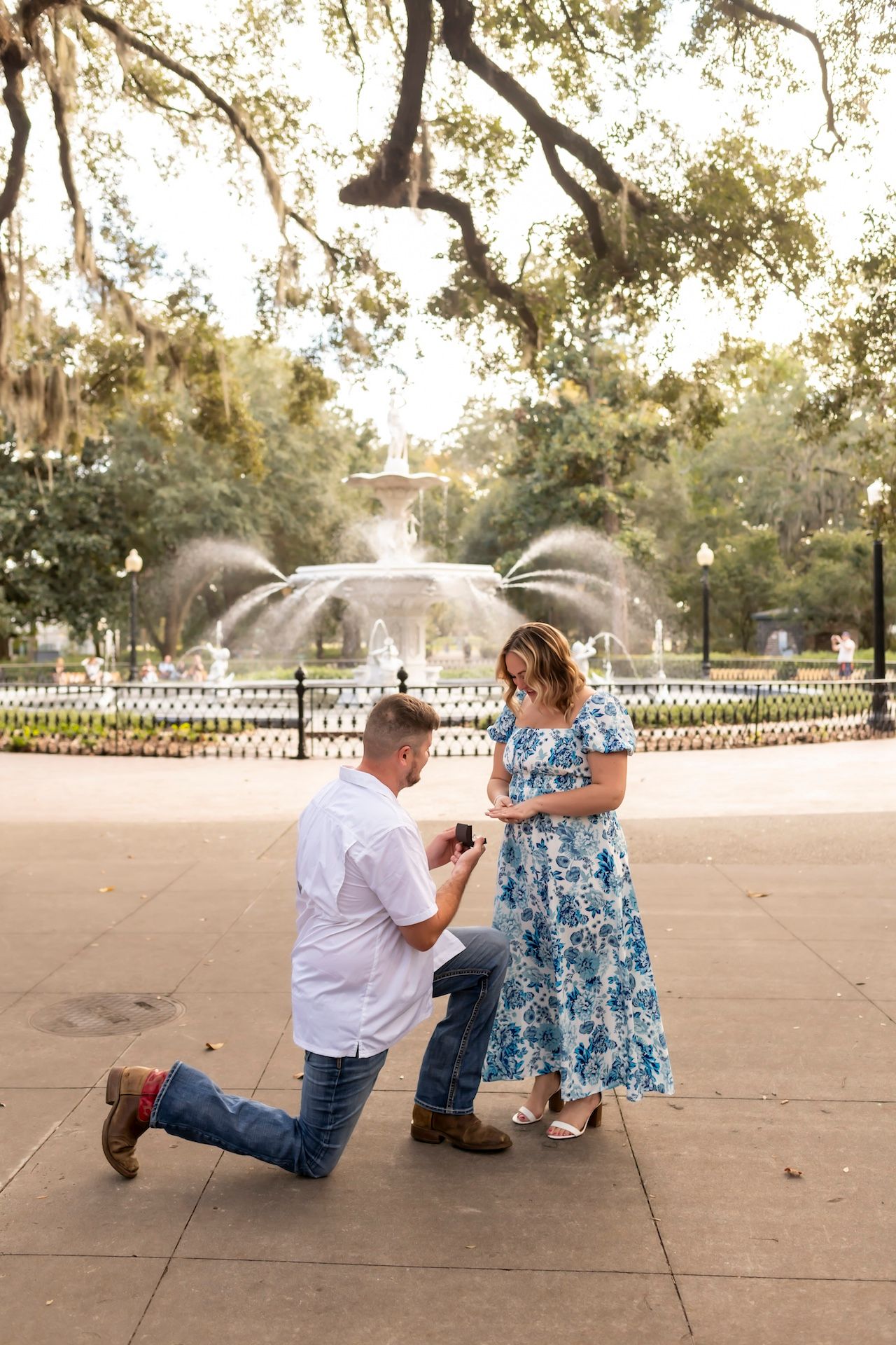 A romantic proposal moment in front of an ornate fountain in a beautiful park with Spanish moss hanging from trees.