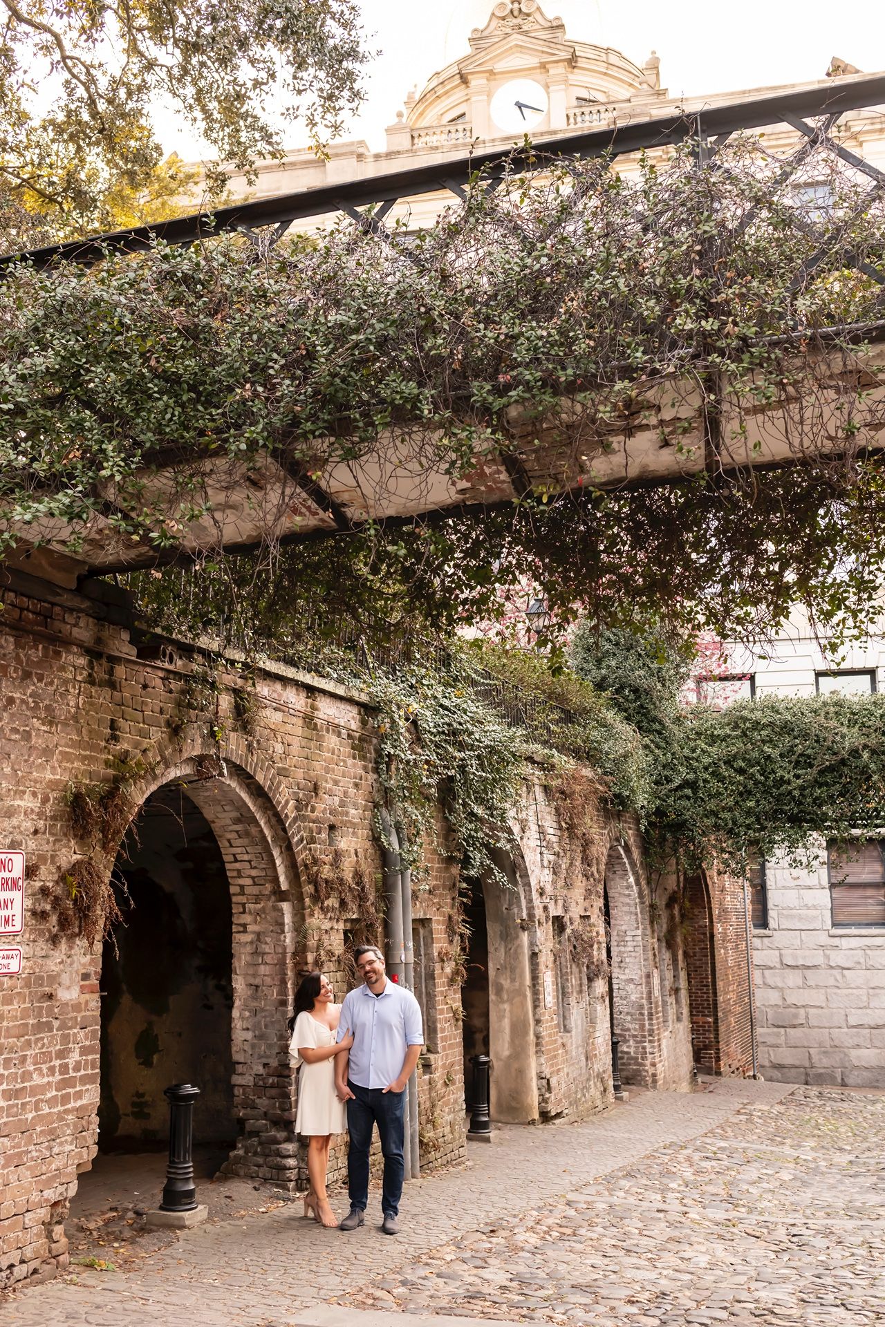 A charming stone archway walkway with trailing vines creates a romantic atmosphere in an old architectural setting.