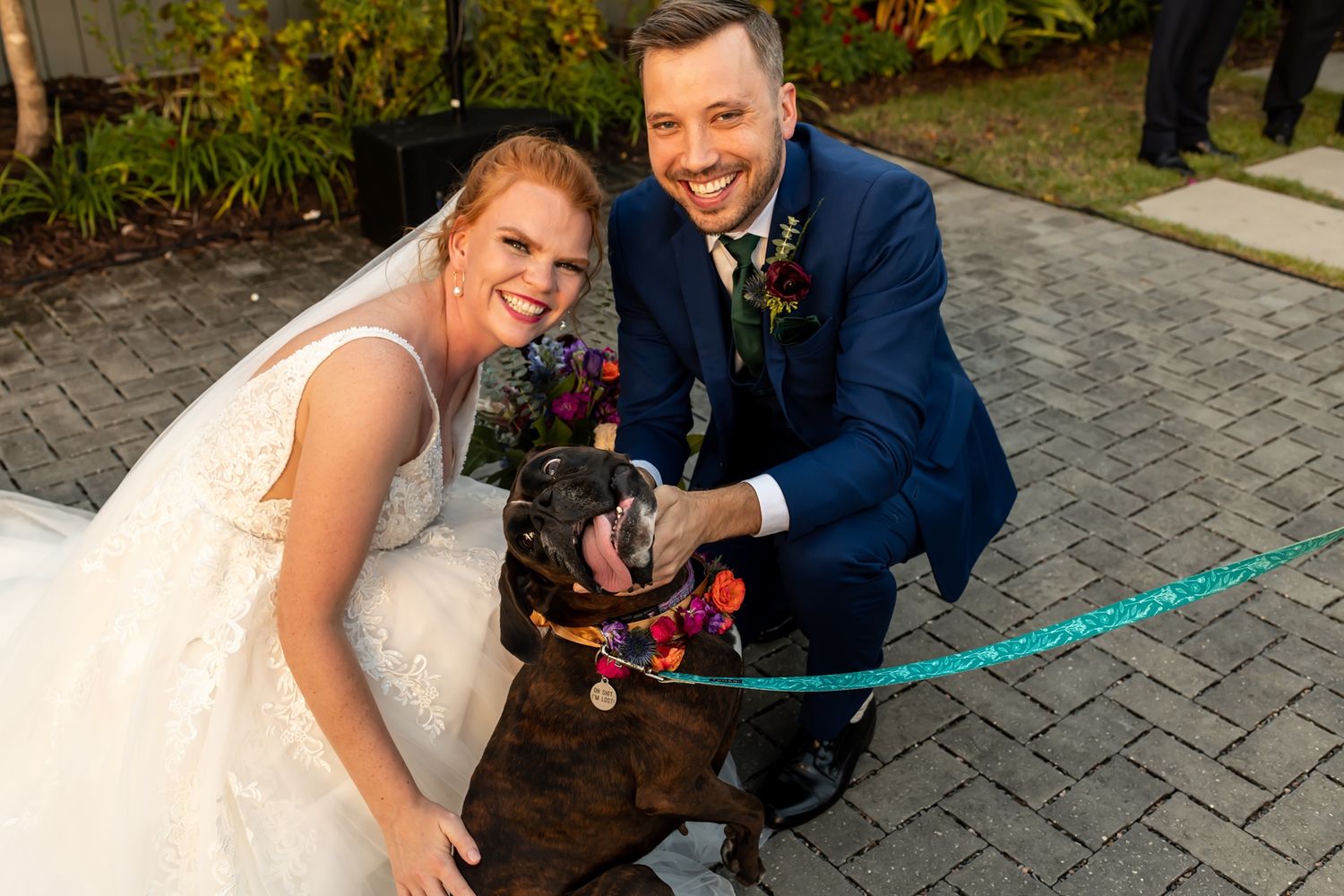 A couple dressed in wedding attire plays with their dog on a stone patio during their special day.
