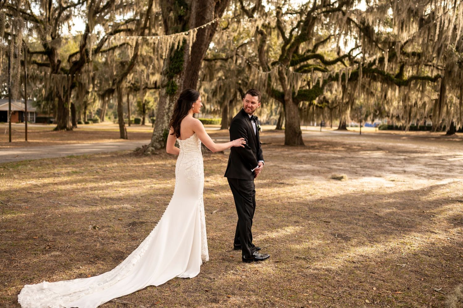 A couple in formal wedding attire poses under Spanish moss-draped oak trees in a romantic outdoor setting.