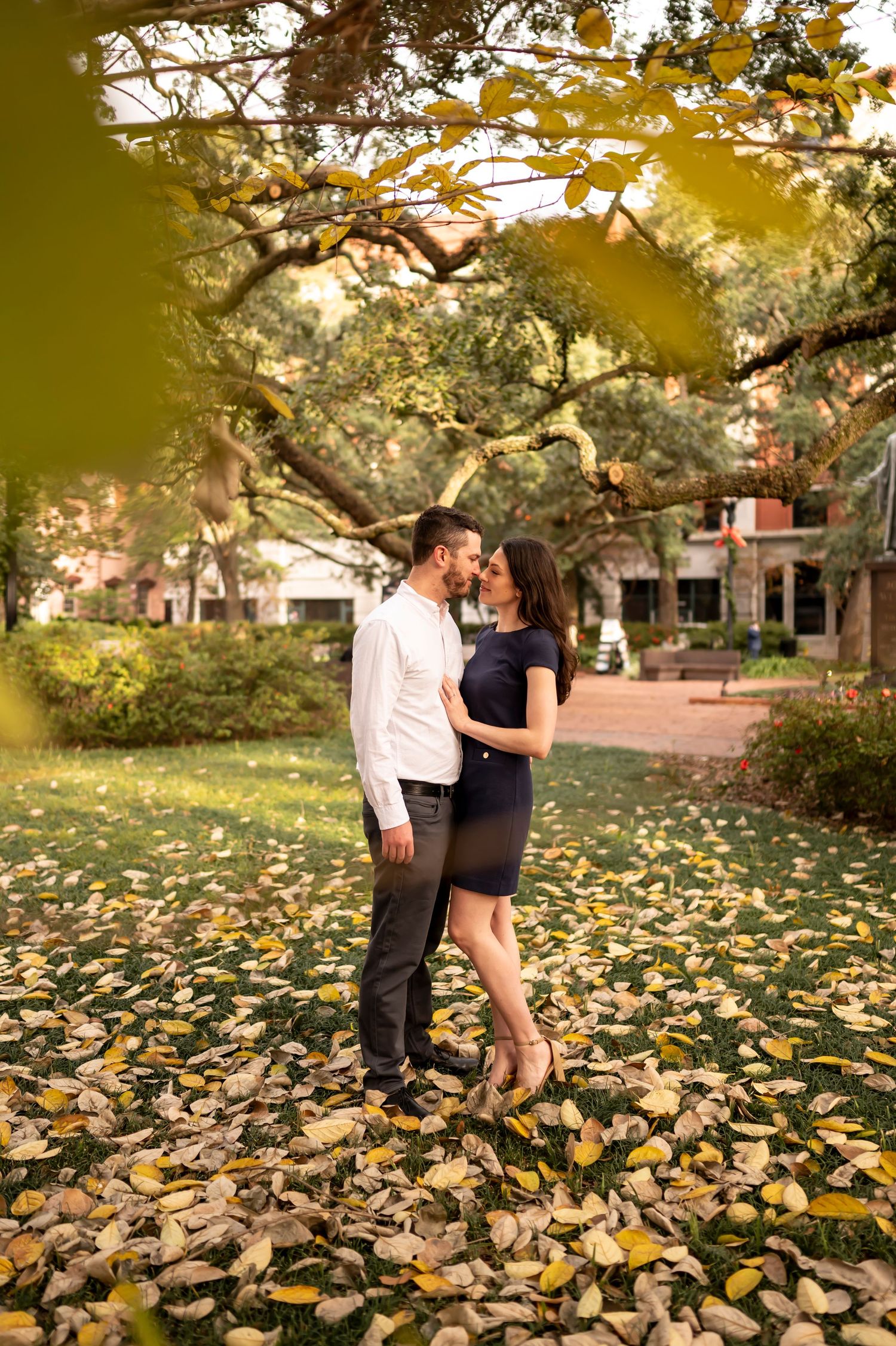A couple shares a romantic moment among fallen autumn leaves in a sun-dappled garden setting.