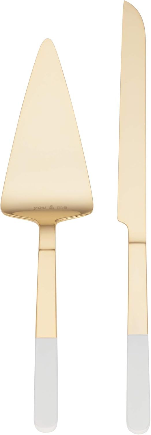 A set of metallic gold and white wedding cake serving knives in a minimalist modern design layout.