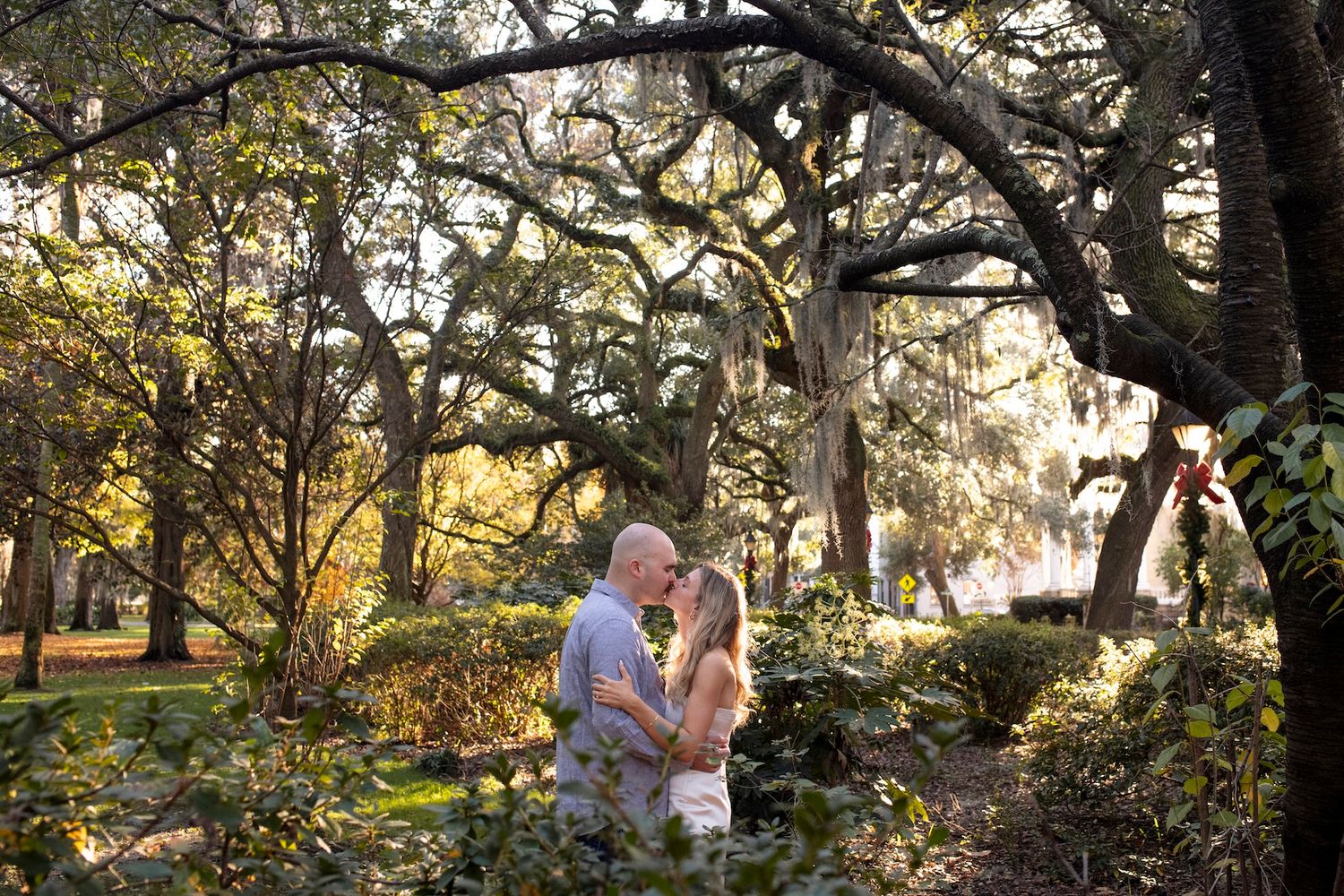 Two people embrace in a romantic moment under sprawling oak trees with sunlight filtering through the branches at dusk.
